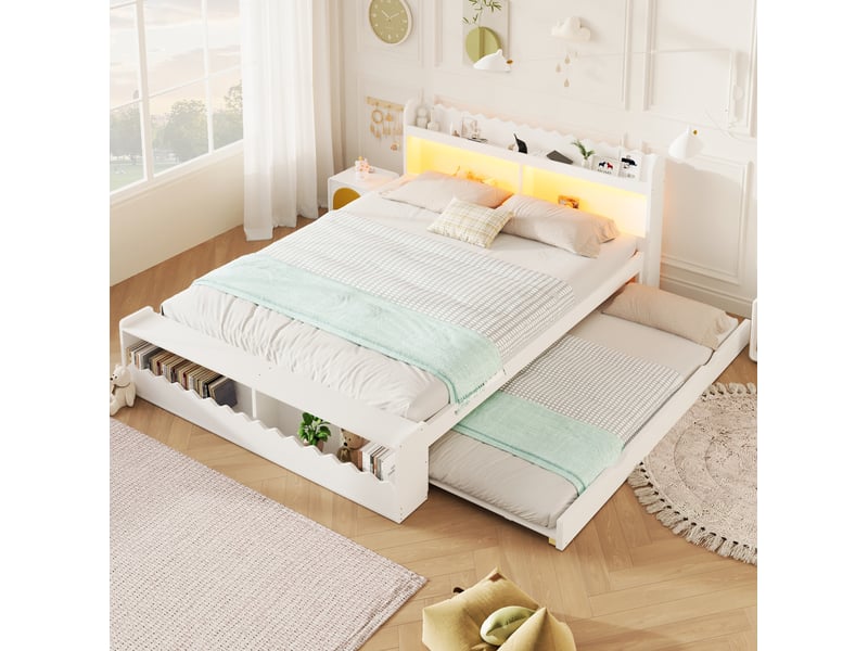  Lit 140x200 cm avec lit gigogne 90x190 cm, rangements et led, blanc  - Conforama D