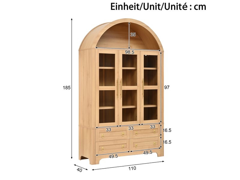  Buffet haut 110x40x185 cm 3 portes vitrées et 4 tiroirs coloris naturel  - Conforama C