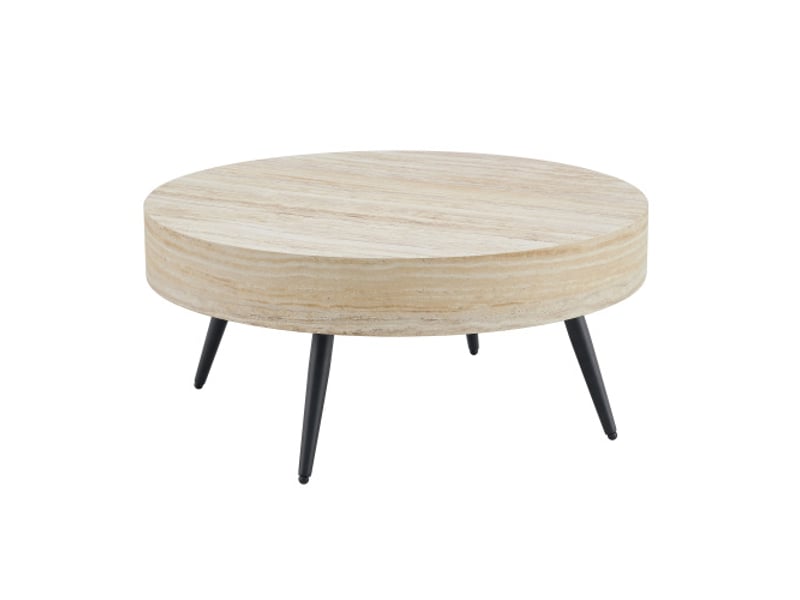  Table basse ronde 70 cm – effet travertin clair, mdf, pieds métal noirs – design minimaliste, idéal petit salon  - Conforama A