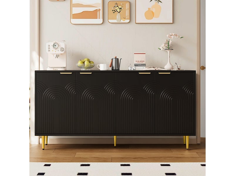  Buffet noir 4 portes commode salon 160 cm en mdf avec poignées dorées brossées  - Conforama E
