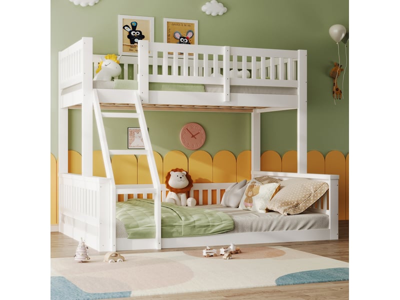  Lit superposé 90x200cm+140x200cm sécurité garde-corps escalier pin pour enfants design simple blanc sans matelas  - Conforama W