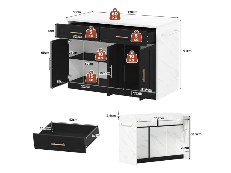  Îlot de cuisine fixe 120x60x91 cm noir et blanc avec prises usb et rangement  - Conforama C