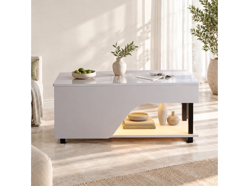  Table basse 50x100x46 cm réglable en hauteur avec led, panneau de particules blanc  - Conforama D