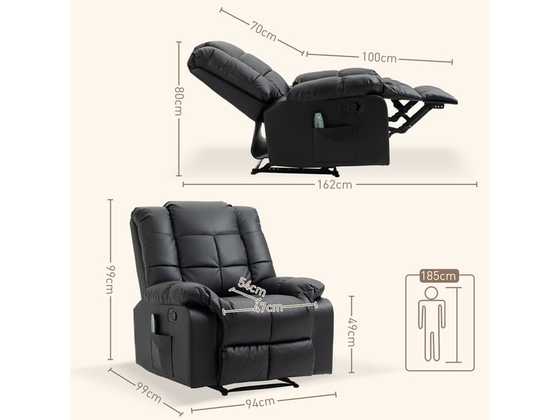 Fauteuil de massage électrique noir, inclinable à 165 degrés, 8 points vibrants, repose-pieds escamotable pour salon - Conforama C