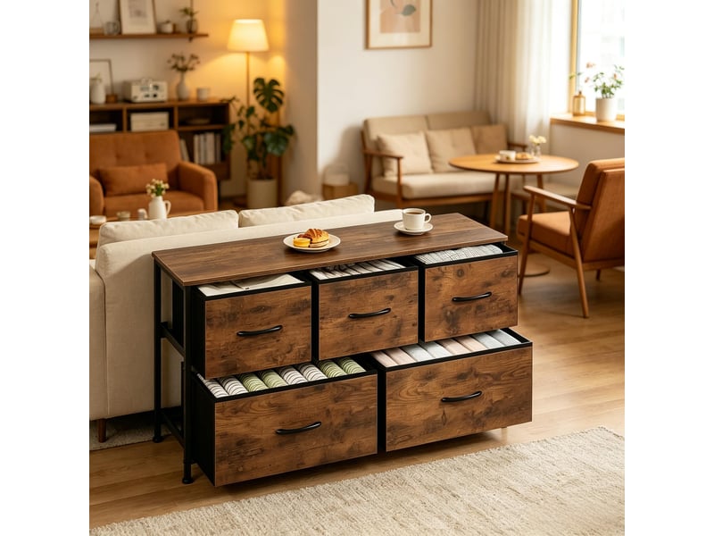  Commode de rangement 5 tiroirs avec pieds réglables - lpospi - métal, tissu et mdf marron vintage 100 × 54 × 30 cm  - Conforama B