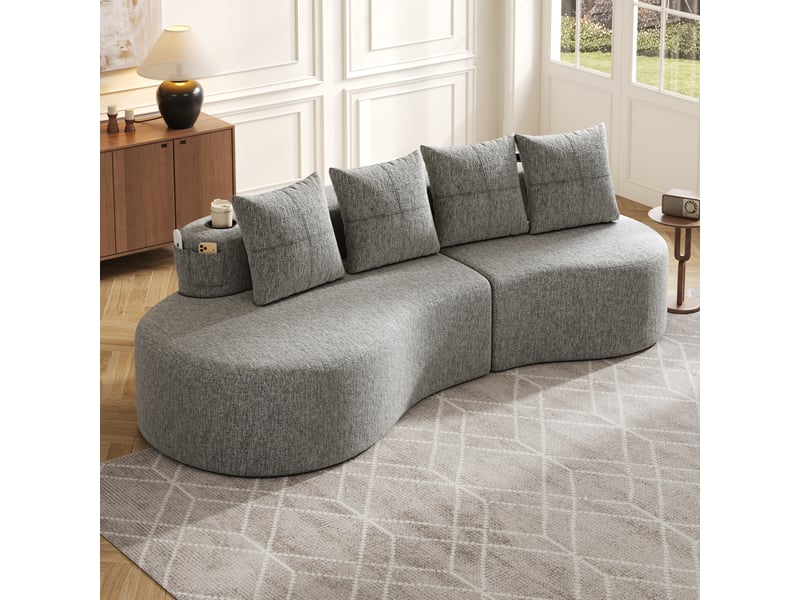  Canapé 4 places en lin gris clair avec porte-gobelets 240 x 109 cm - 4 coussins inclus  - Conforama E