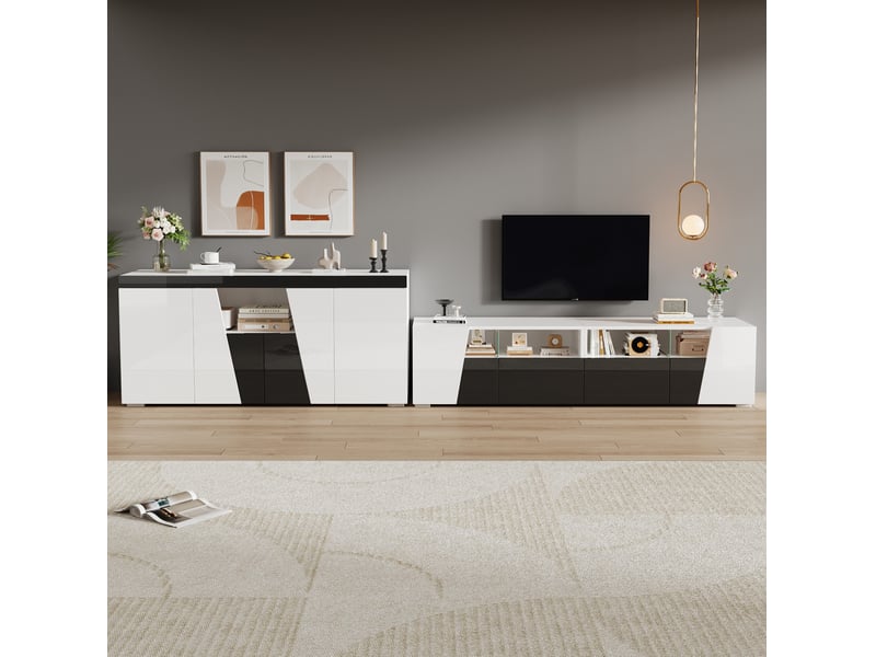 Meuble tv led 180x38,5x45 cm et bahut 140x40x65 cm, bluetooth, façades brillantes, mdf et verre, blanc et noir - Conforama B