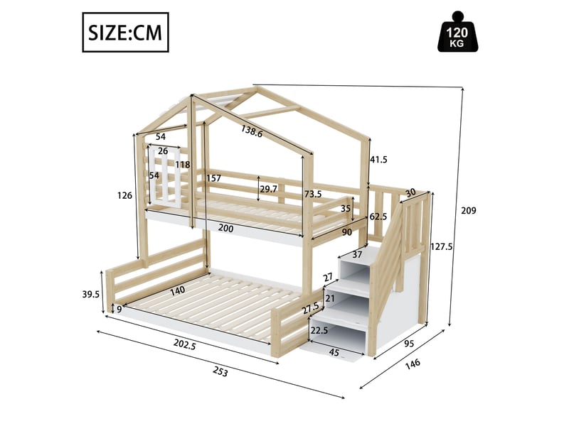  Lit superposé enfant 90 x 200 cm naturel en bois et mdf, escalier avec rangements, structure maison  - Conforama C