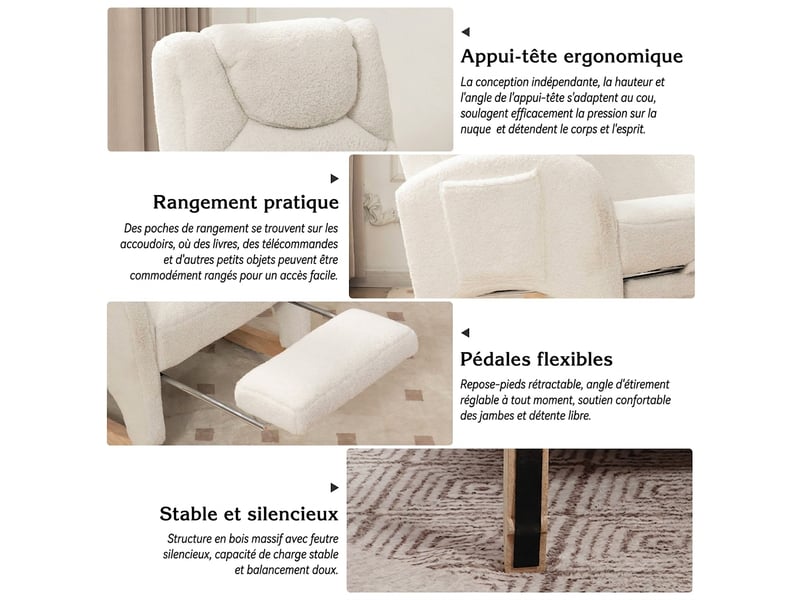  Chaise à bascule tissu teddy blanc, fauteuil relax avec accoudoirs et repose-pieds pliable, structure en bois, 66x125x101 cm, charge 110 kg  - Conforama W