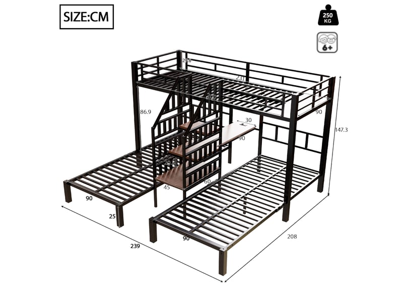  Lit superposé 3 couchages 90 x 200 cm avec bureau, led et rangements, noir  - Conforama C