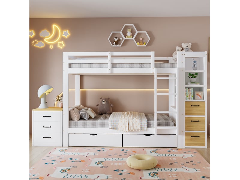  Lit superposé 90x200 cm avec rangements en bois et mdf couleur blanc et naturel sans matelas, design moderne  - Conforama B
