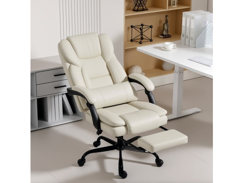 Chaise de bureau ergonomique beige en cuir régénéré, inclinable 140° avec repose-pieds et soutien lombaire - Conforama B
