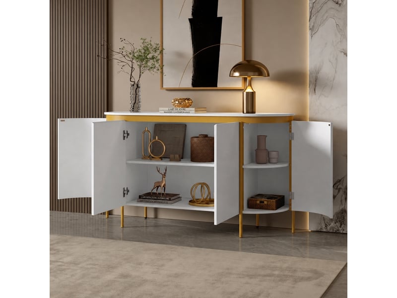  Buffet blanc ovale à quatre portes, côtés cannelés, longueur 140 cm  - Conforama B