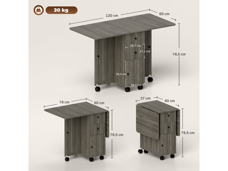 Table de cuisine pliable table à manger pliante 2 plateaux rabattables avec 2 tiroirs 1 placard gris - Conforama E