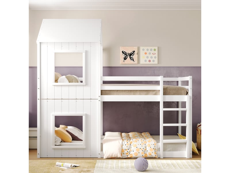  Lit superposé 90x200 cm, lit cabane pour filles et garçons avec échelle et baldaquin, au sol, en bois massif, blanc  - Conforama D