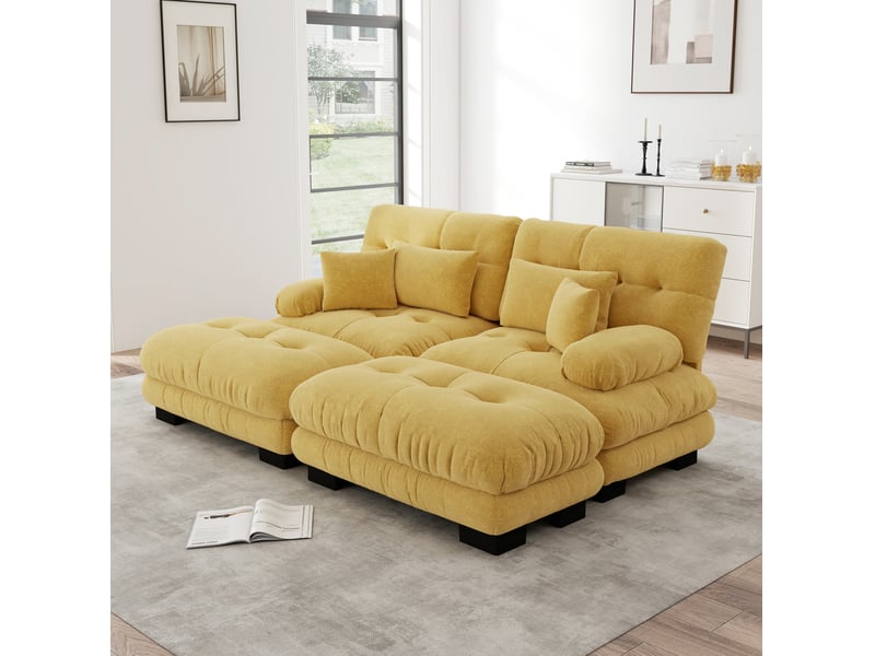  Canapé d'angle ulevr modulable 2 places avec 2 ottomans, chenille jaune, 220 x 145 x 81 cm  - Conforama E