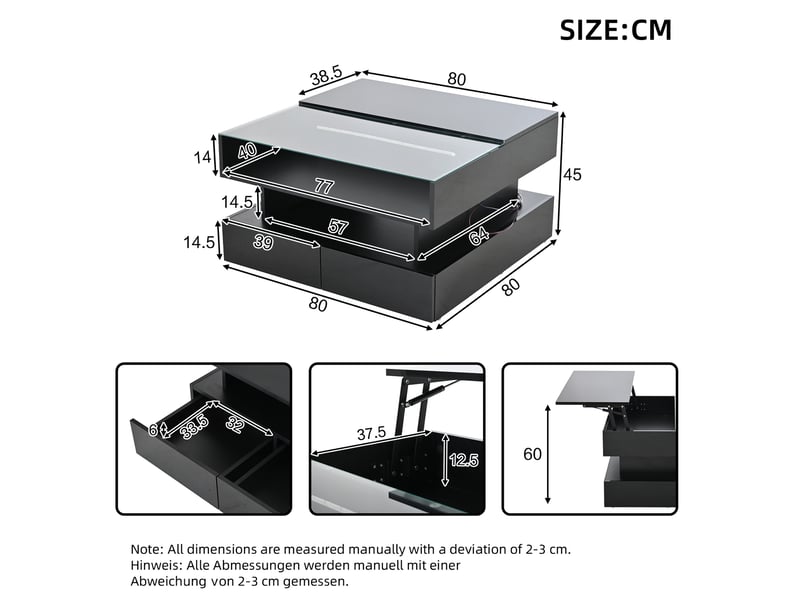  Table basse relevable avec 2 tiroirs, rangement dissimulé et led pour salon, 80 × 80 × 45 cm  - Conforama D