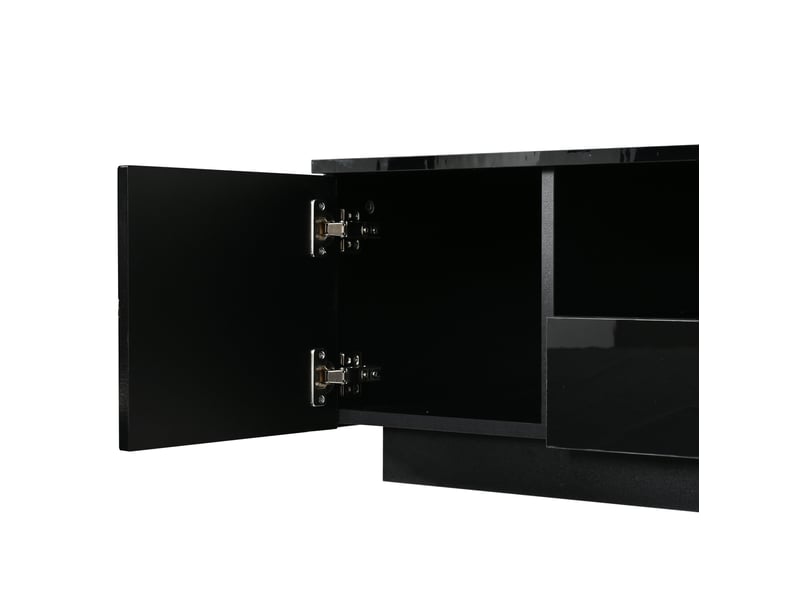  Table basse 100 x 50 x 35,5 cm noire en mdf, led, 2 portes, tiroir, rangement ouvert, accents dorés  - Conforama E