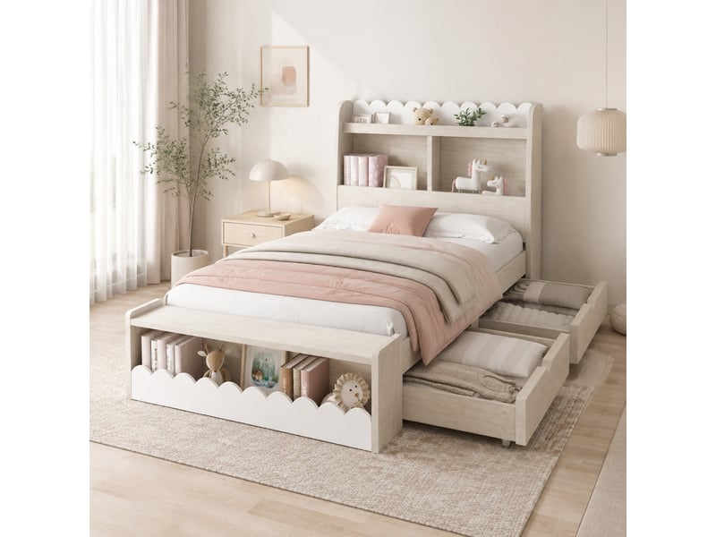  Lit enfant avec rangement 90x190 cm, bois et mdf, blanc et chêne clair  - Conforama B