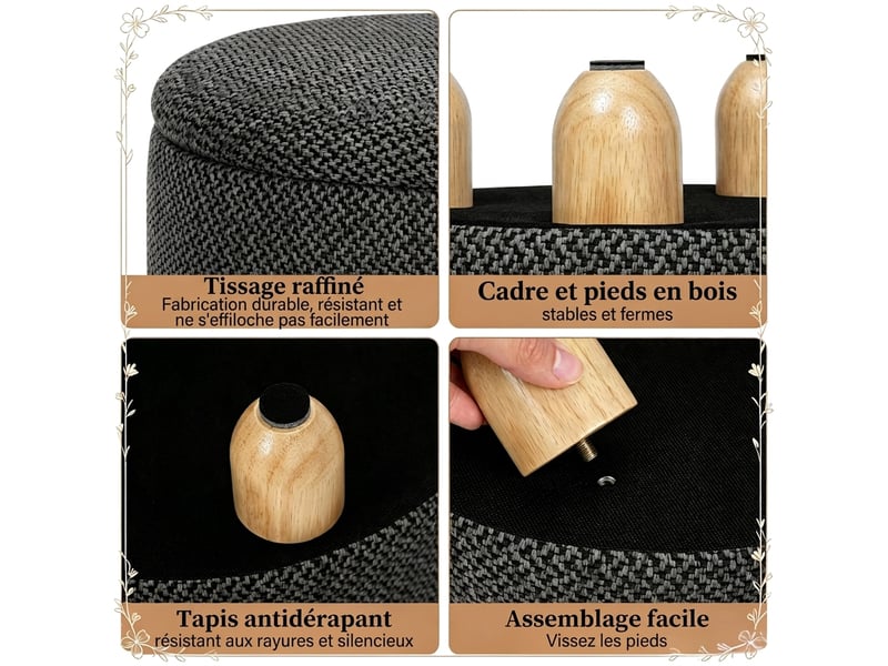  Pouf de rangement rond gris foncé avec plateau en bois, repose-pieds, 39x39x33 cm  - Conforama D