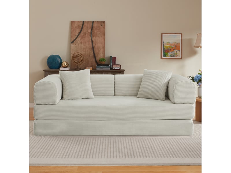  Canapé convertible modenvie 3 places en velours côtelé beige avec 2 coussins 204 x 192 x 48 cm  - Conforama B
