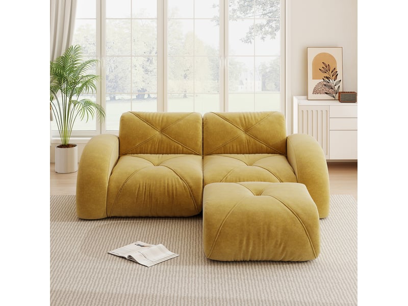  Canapé modulable 2 places avec pouf en chenille jaune 204 x 171 x 76 cm  - Conforama C