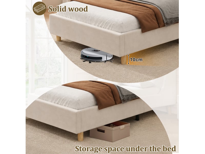  Lit enfant 90 × 200 cm 1 place avec étagères, usb, type-c et veilleuse, sans matelas, en velours beige  - Conforama E