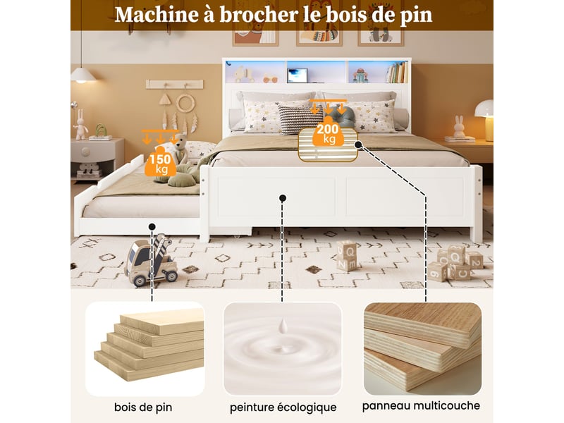  Lit familial 120x200 cm avec lit gigogne 90x190 cm-led et prise usb-rangement intégré en pin et mdf-blanc  - Conforama E