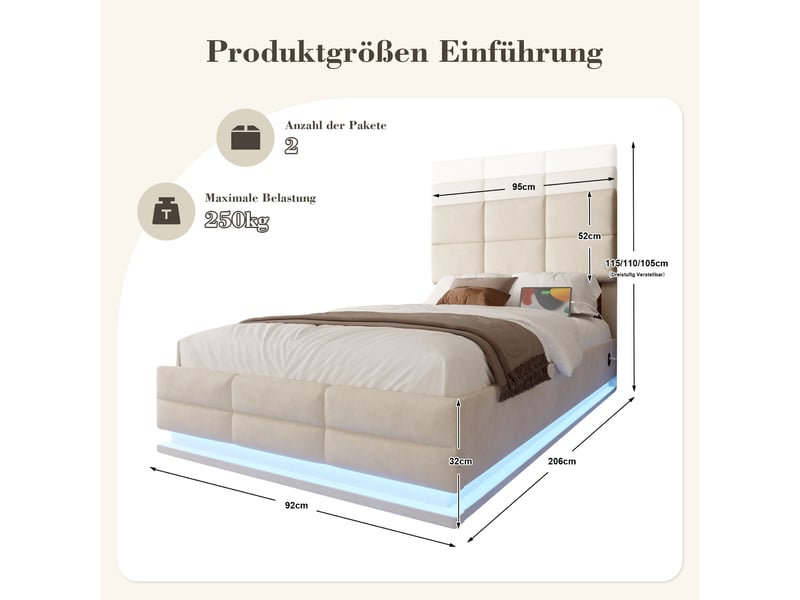 Lit coffre rembourré 90 x 200 cm, rangement hydraulique xxl, tête de lit réglable, led, usbtype-c, revêtement en velours, beige Bliss Lite - Conforama C