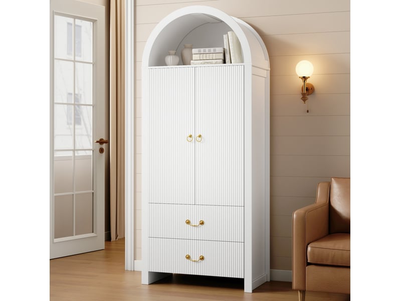  Buffet haut ulevr avec rangement, niche arquée led contrôlée par application, 76 x 38 x 180 cm, mdf et panneaux de particules, blanc  - Conforama D