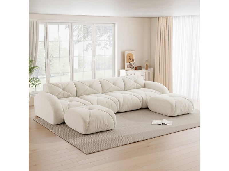 Canapé modulable panoramique 4 places en chenille beige clair avec 2 poufs - Conforama E