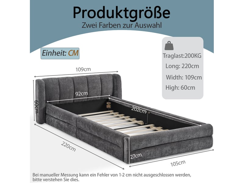 Lit 1 place 90x200 cm en chenille gris foncé avec tête de lit, sans matelas - Conforama C