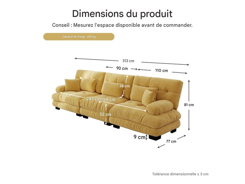 Canapé modulable 3 places en tissu chenille jaune W3325S00217 - Conforama C