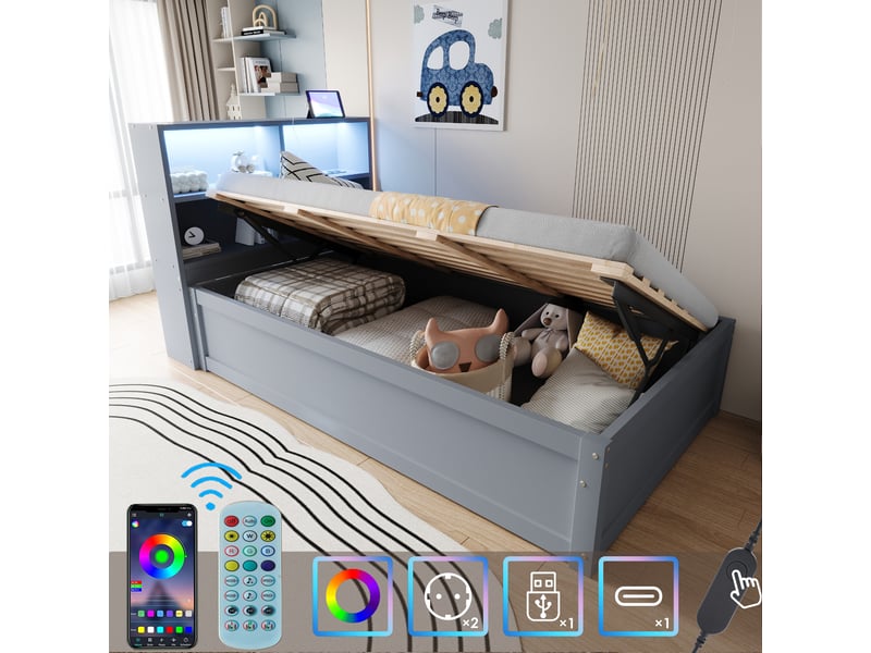  Lit banquette en bois massif 90*200 cm gris, prise multiple, 4 rangements, led et hydraulique  - Conforama C