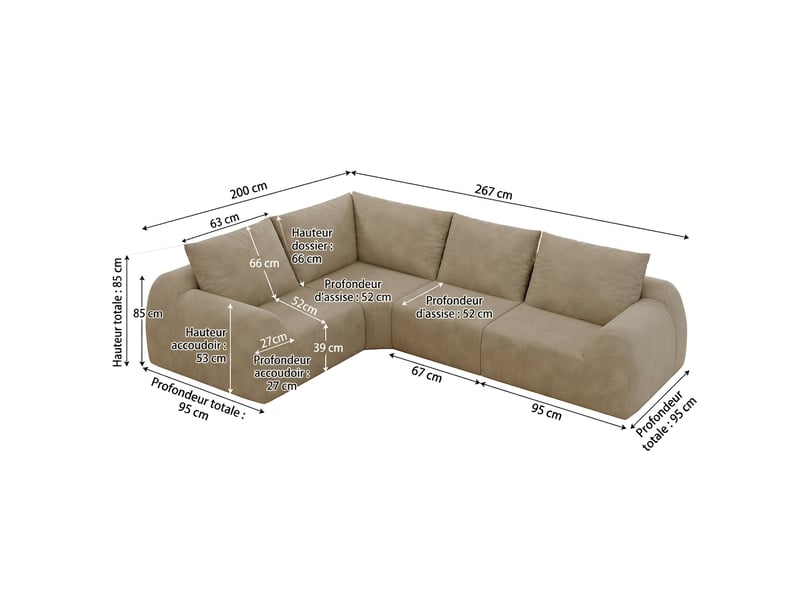  Canapé d'angle canapé compressé 4 places 267 x 200 cm en chenille khaki sans montage  - Conforama C