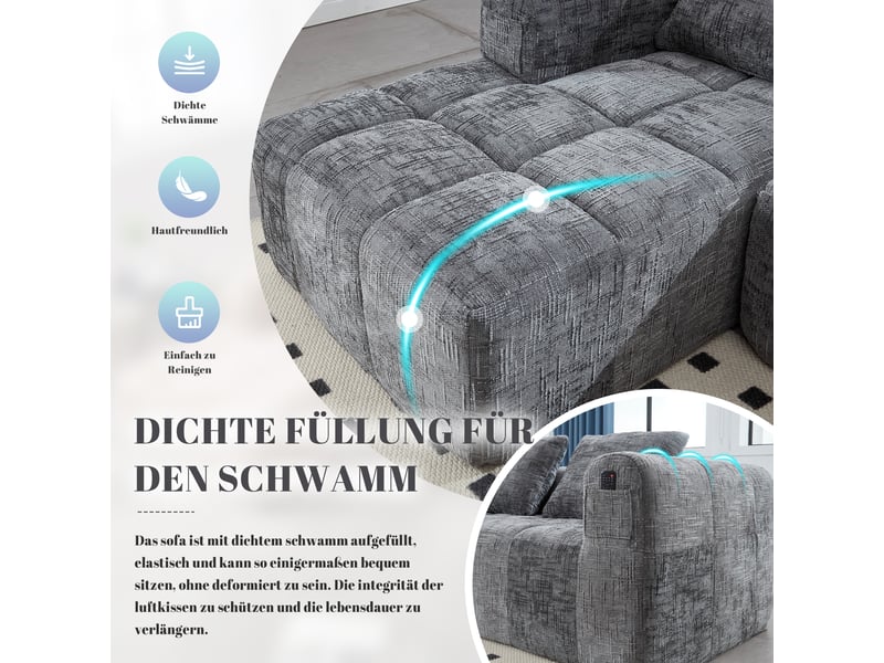 Canapé 3 places en chenille gris avec méridienne, 3 coussins et poches latérales intégrées - Conforama D