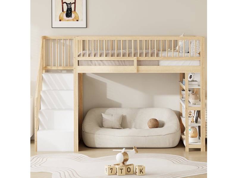 Lit mezzanine 90x200 cm avec armoire et rangements, échelle de sécurité, en bois, couleur bois naturel, sans matelas - Conforama D