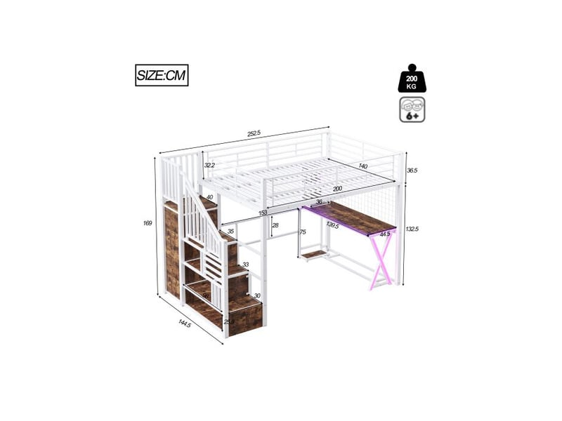 Lit mezzanine lit enfant double 140x200 cm éclairage d'ambiance télécommandé échelle de rangement bureau armoire étagères blanc  - Conforama C