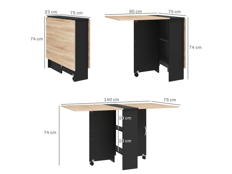  Table de cuisine pliante à roulettes, 2 étagères de rangement et 2 rallonges rabattables, style moderne, 75 x 140 x 74 cm, couleur naturelle  - Conforama E