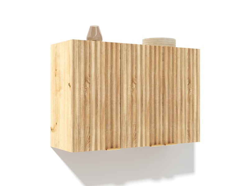  Meuble mural de rangement cuisine 90x29x60 cm, 3 portes fermées, poignées dorées, gain de place, mdf, naturel  - Conforama A