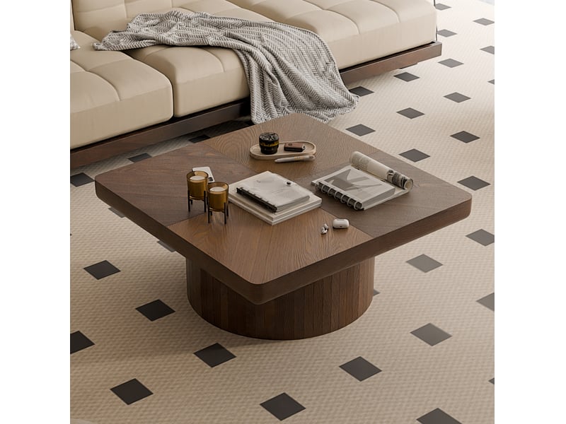  Table basse carrée 78x78 cm plaquée noyer avec motif parquet et base cylindrique  - Conforama B