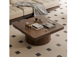 Table basse carrée 78x78 cm plaquée noyer avec motif parquet et base cylindrique