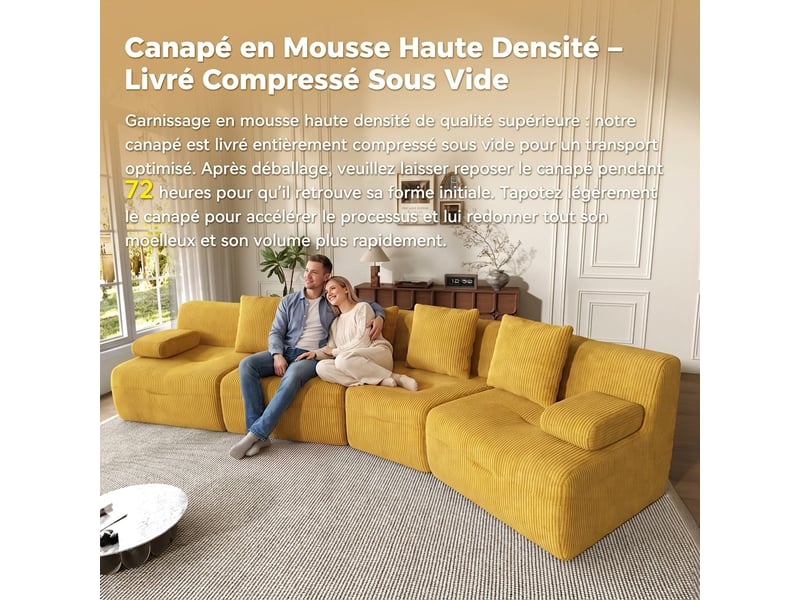  Canapé modulable 4 places en velours côtelé, canapé jaune sans montage requis, 311 cm  - Conforama R