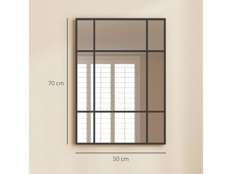  Miroir mural verrière rectangulaire style fenêtre, horizontal ou vertical avec 4 crochets, en métal noir - 50x70 cm  - Conforama C