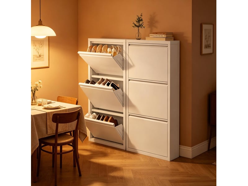 Lot de 2 meubles à chaussures 50 x 15 x 106 cm blancs en métal, 3 abattants, rangement jusqu'à 18 paires  - Conforama B