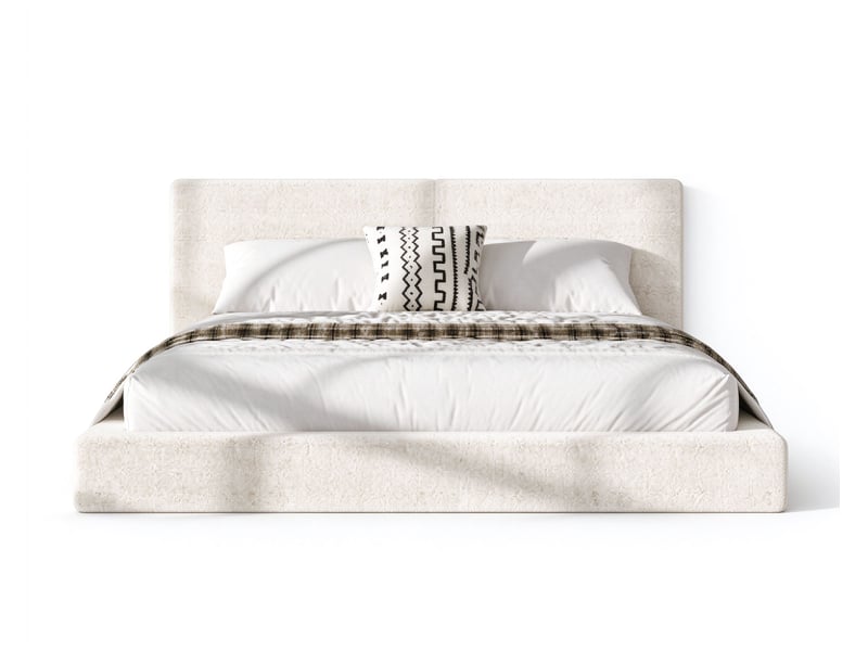  Lit double 180x200 cm avec 2 tables de chevet coulissantes, cadre rembourré et bords doux, structure métallique, blanc crème  - Conforama A