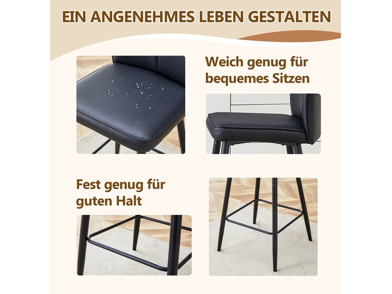  Tabouret de bar avec dossier ergonomique, repose-pieds et pieds réglables, style moderne en pu noir  - Conforama E