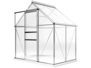 Serre en polycarbonate et aluminium avec porte à charnières et fenêtre de toit, 192,5 x 131 x 200 cm, argent