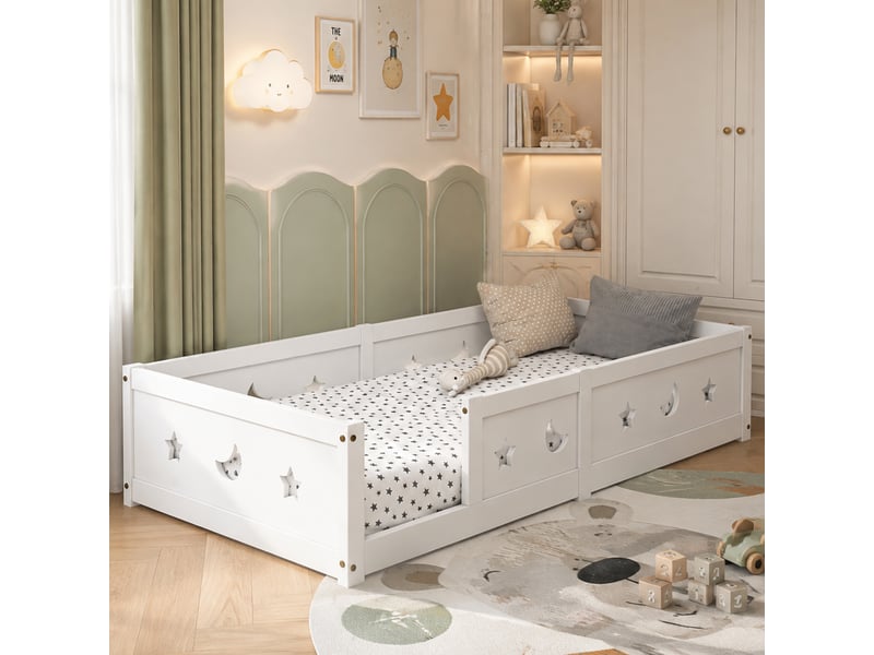  Lit au sol 90x200 cm,lit enfant avec barrières de sécurité, lit simple, motif étoiles et lune,sommier à lattes,mdf, blanc  - Conforama D