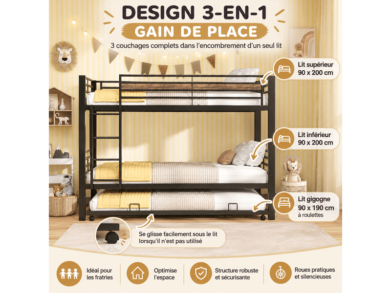  Lit superposé enfant 90x200 cm avec lit gigogne 90x190 cm, 3 couchages, échelle et barrières de sécurité, structure en métal, noir OMNIGLINT TRADING LTD - Conforama D